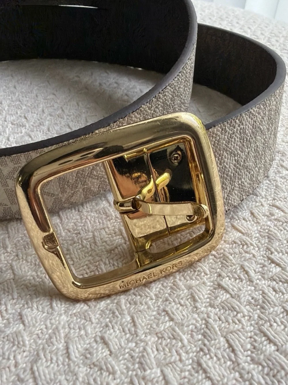 Michael Kors reversible Beige/Brown Monogram Belt with Gold Buckle